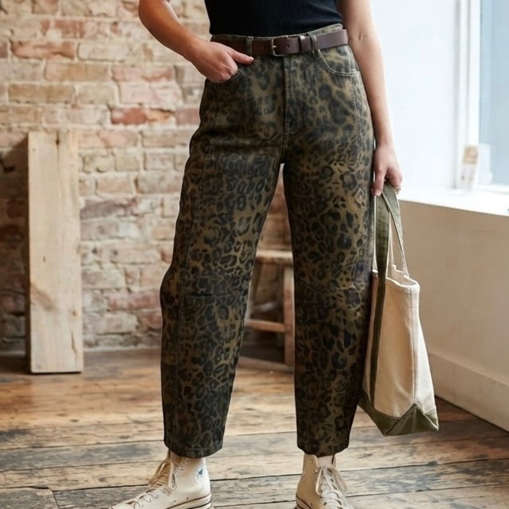 LOVESOFT Barrel Jeans Women M  Leopard Print High Rise, Indie, boho chic